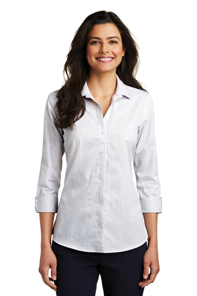 Port Authority LW643 Womens Easy Care Wrinkle Resistant 3/4 Sleeve Button Down Shirt White/Dark Grey Front