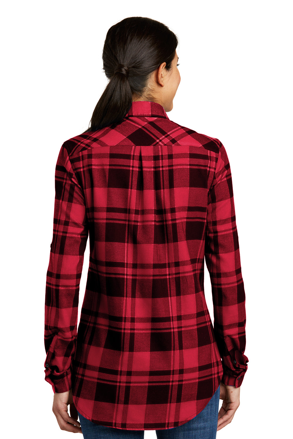 Port Authority LW668 Womens Flannel Long Sleeve Button Down Shirt Red/Black Back