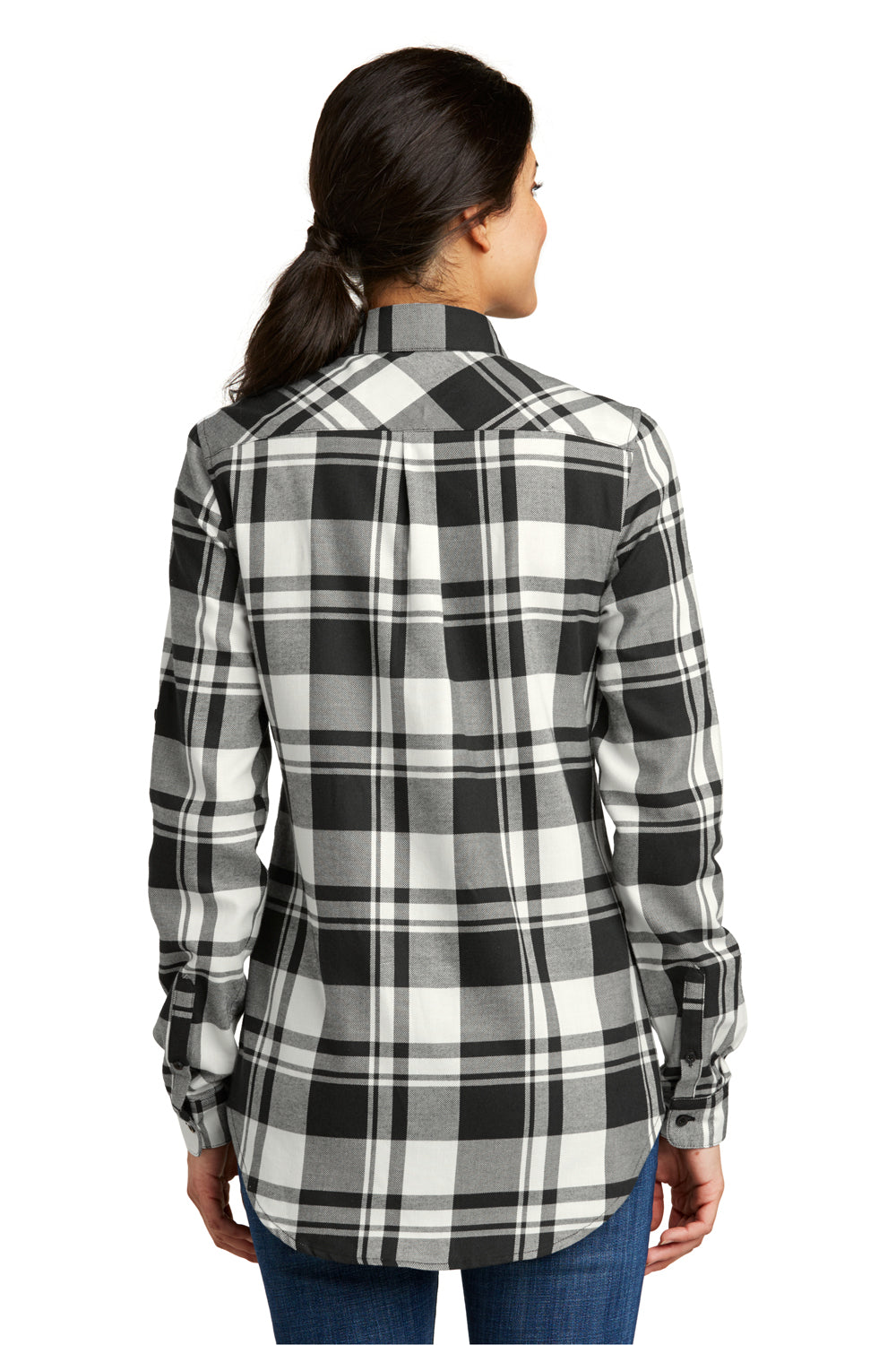 Port Authority LW668 Womens Flannel Long Sleeve Button Down Shirt White/Black Back