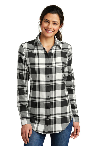Port Authority LW668 Womens Flannel Long Sleeve Button Down Shirt White/Black Front