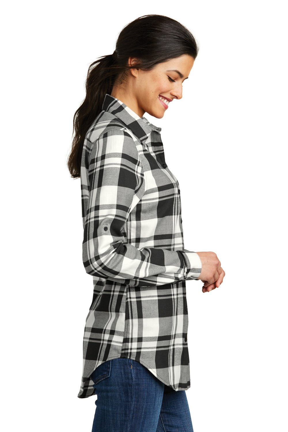 Port Authority LW668 Womens Flannel Long Sleeve Button Down Shirt White/Black Side