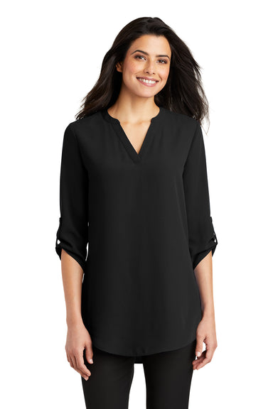 Port Authority LW701 Womens 3/4 Sleeve V-Neck T-Shirt Black Front