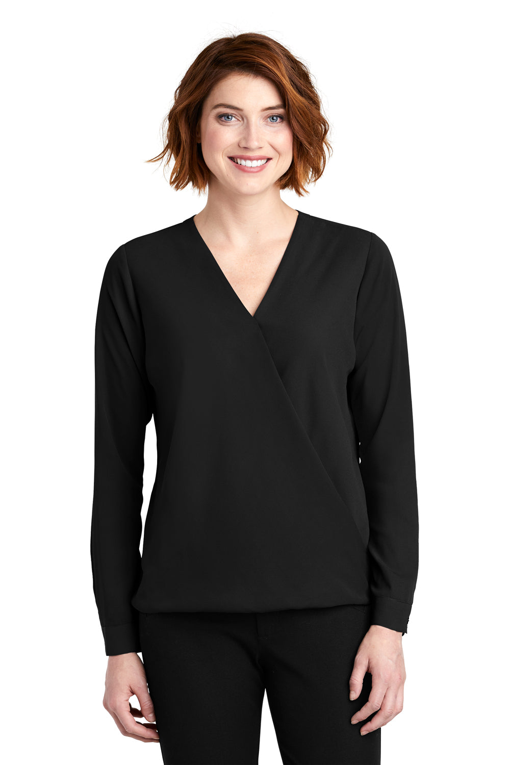 Port Authority LW702 Womens Long Sleeve V-Neck T-Shirt Black Front