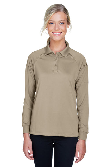 Harriton M211LW Womens Advantage Tactical Moisture Wicking Long Sleeve Polo Shirt Khaki Brown Front