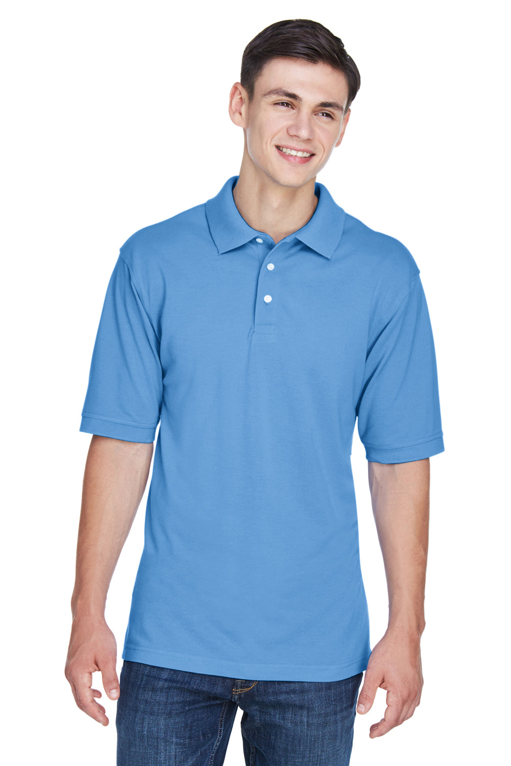 Harriton M265 Mens Easy Blend Wrinkle Resistant Short Sleeve Polo Shirt Light College Blue Front