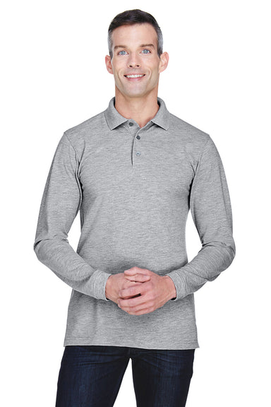 Harriton M265L Mens Easy Blend Wrinkle Resistant Long Sleeve Polo Shirt Heather Grey Front