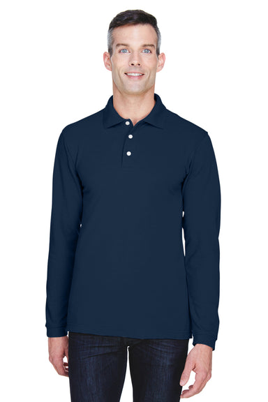 Harriton M265L Mens Easy Blend Wrinkle Resistant Long Sleeve Polo Shirt Navy Blue Front