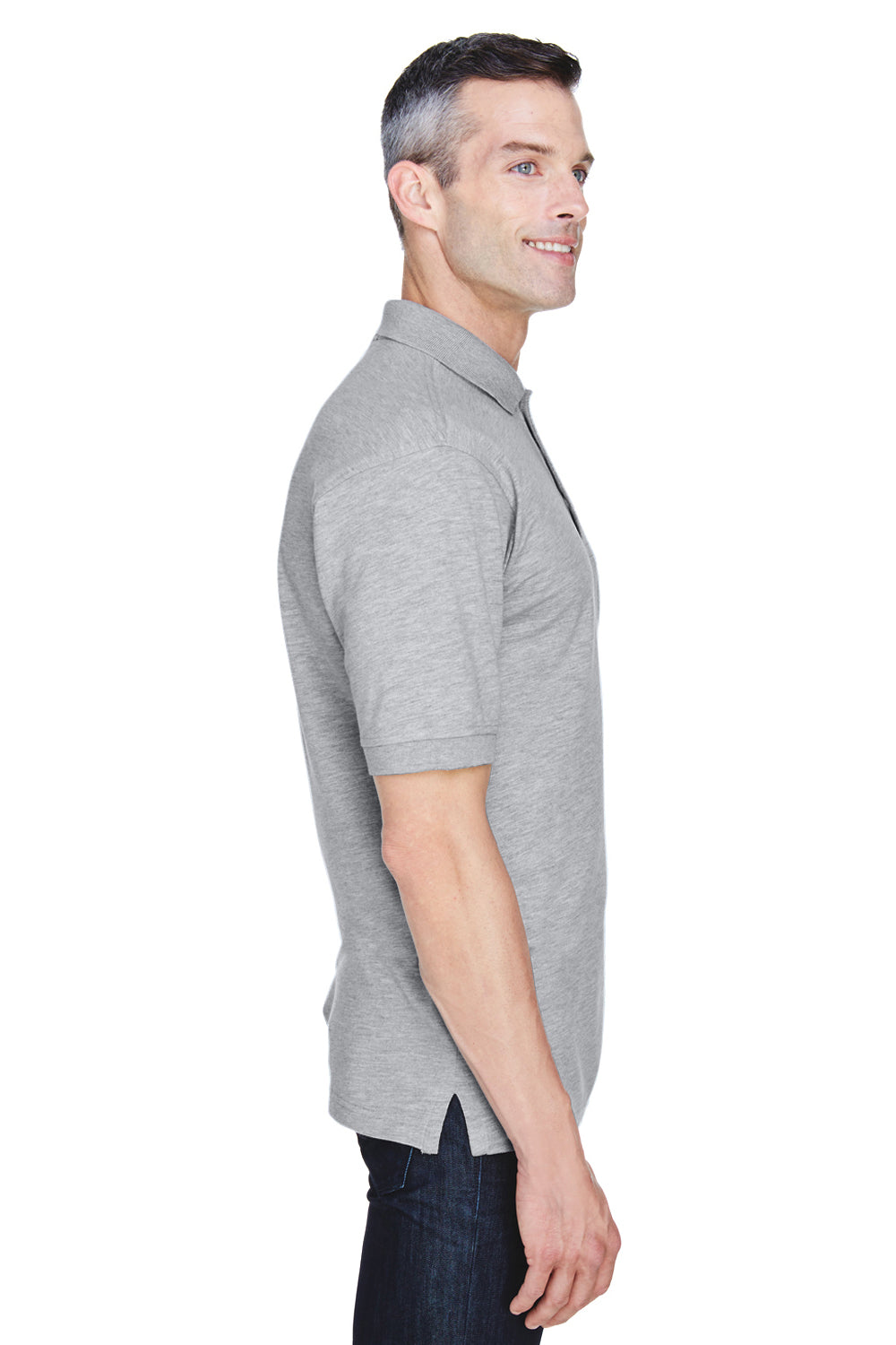 Harriton M265P Mens Easy Blend Wrinkle Resistant Short Sleeve Polo Shirt w/ Pocket Heather Grey Side