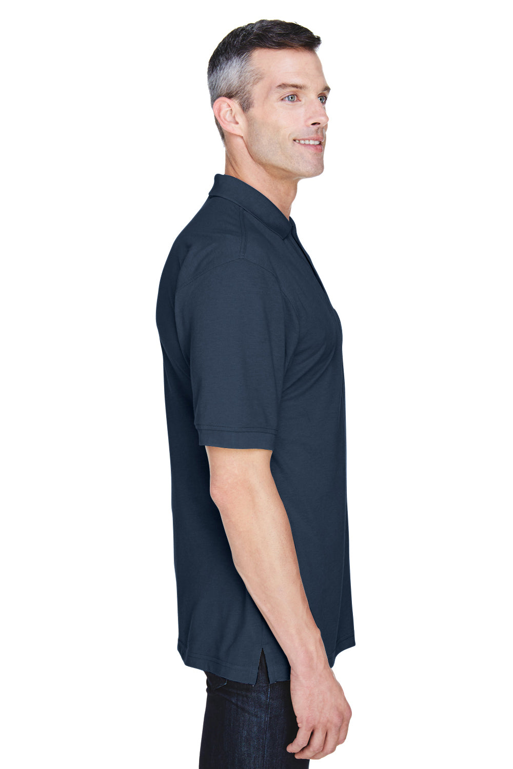 Harriton M265P Mens Easy Blend Wrinkle Resistant Short Sleeve Polo Shirt w/ Pocket Navy Blue Side