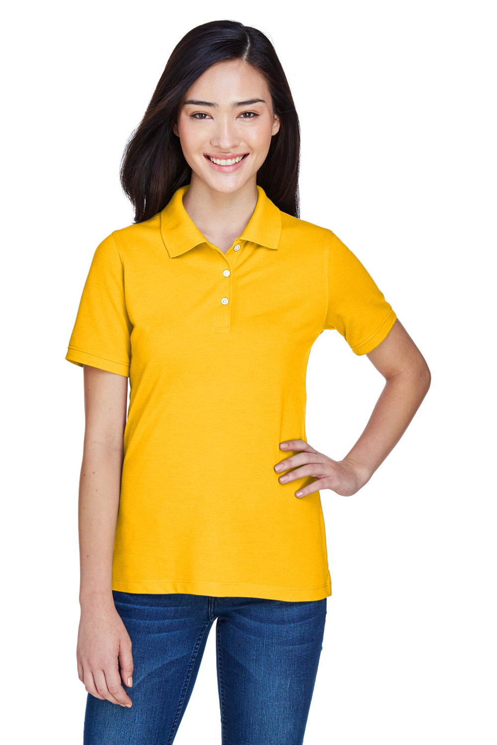 Harriton M265W Womens Easy Blend Wrinkle Resistant Short Sleeve Polo Shirt Sunray Yellow Front