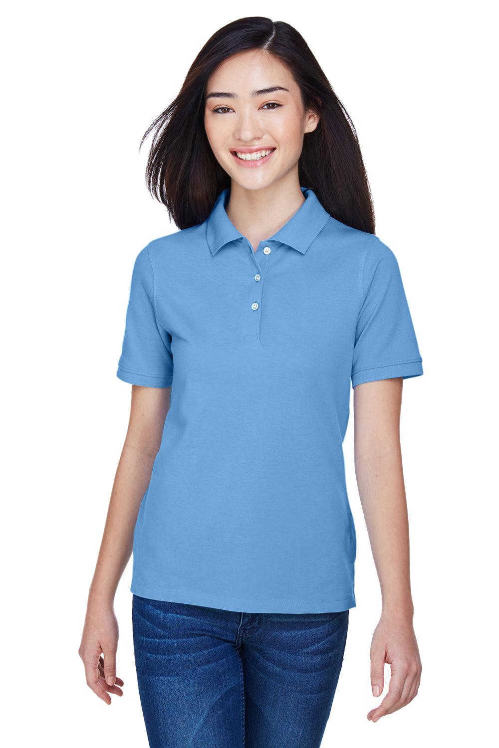 Harriton M265W Womens Easy Blend Wrinkle Resistant Short Sleeve Polo Shirt Light College Blue Front