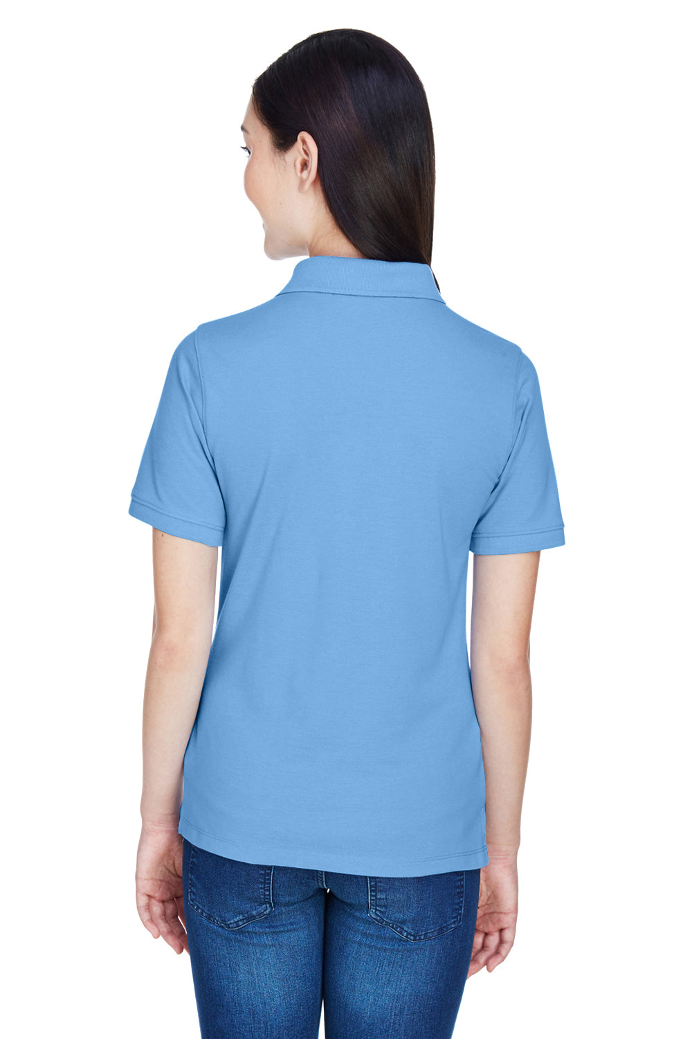 Harriton M265W Womens Easy Blend Wrinkle Resistant Short Sleeve Polo Shirt Light College Blue Back