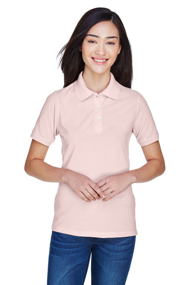 Harriton M265W Womens Easy Blend Wrinkle Resistant Short Sleeve Polo Shirt Blush Pink Front