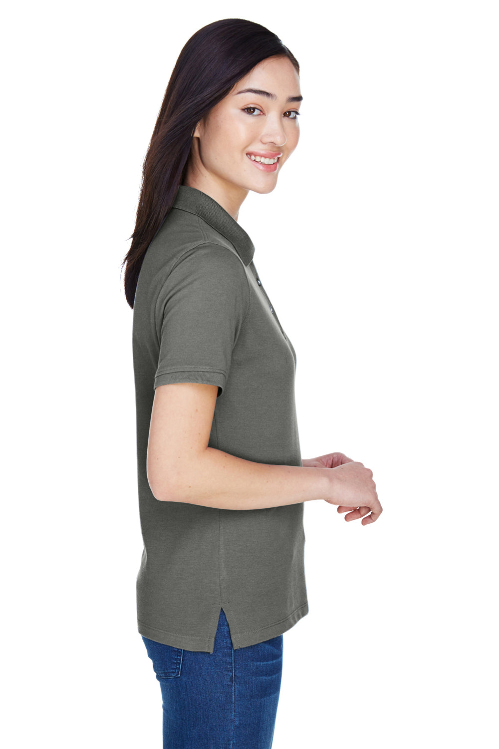 Harriton M265W Womens Easy Blend Wrinkle Resistant Short Sleeve Polo Shirt Charcoal Grey Side