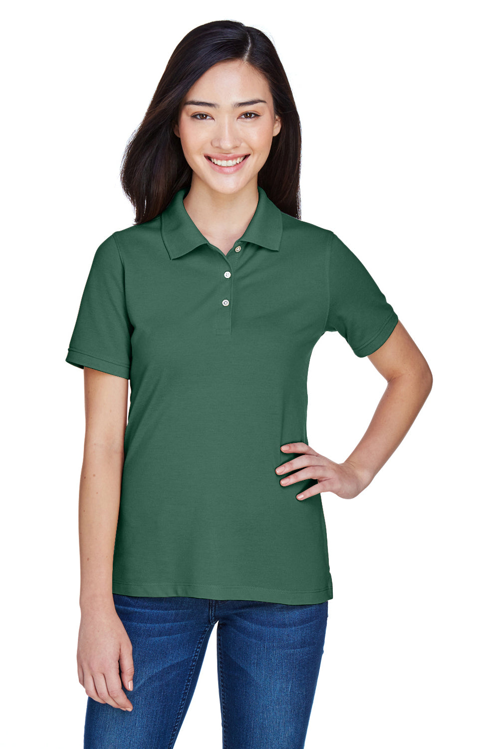 Harriton M265W Womens Easy Blend Wrinkle Resistant Short Sleeve Polo Shirt Hunter Green Front