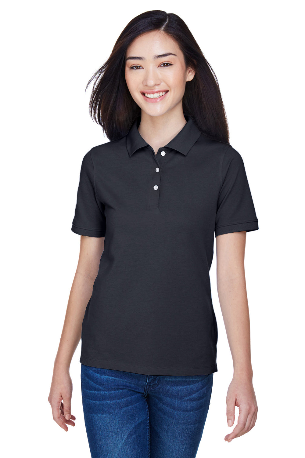 Harriton M265W Womens Easy Blend Wrinkle Resistant Short Sleeve Polo Shirt Navy Blue Front