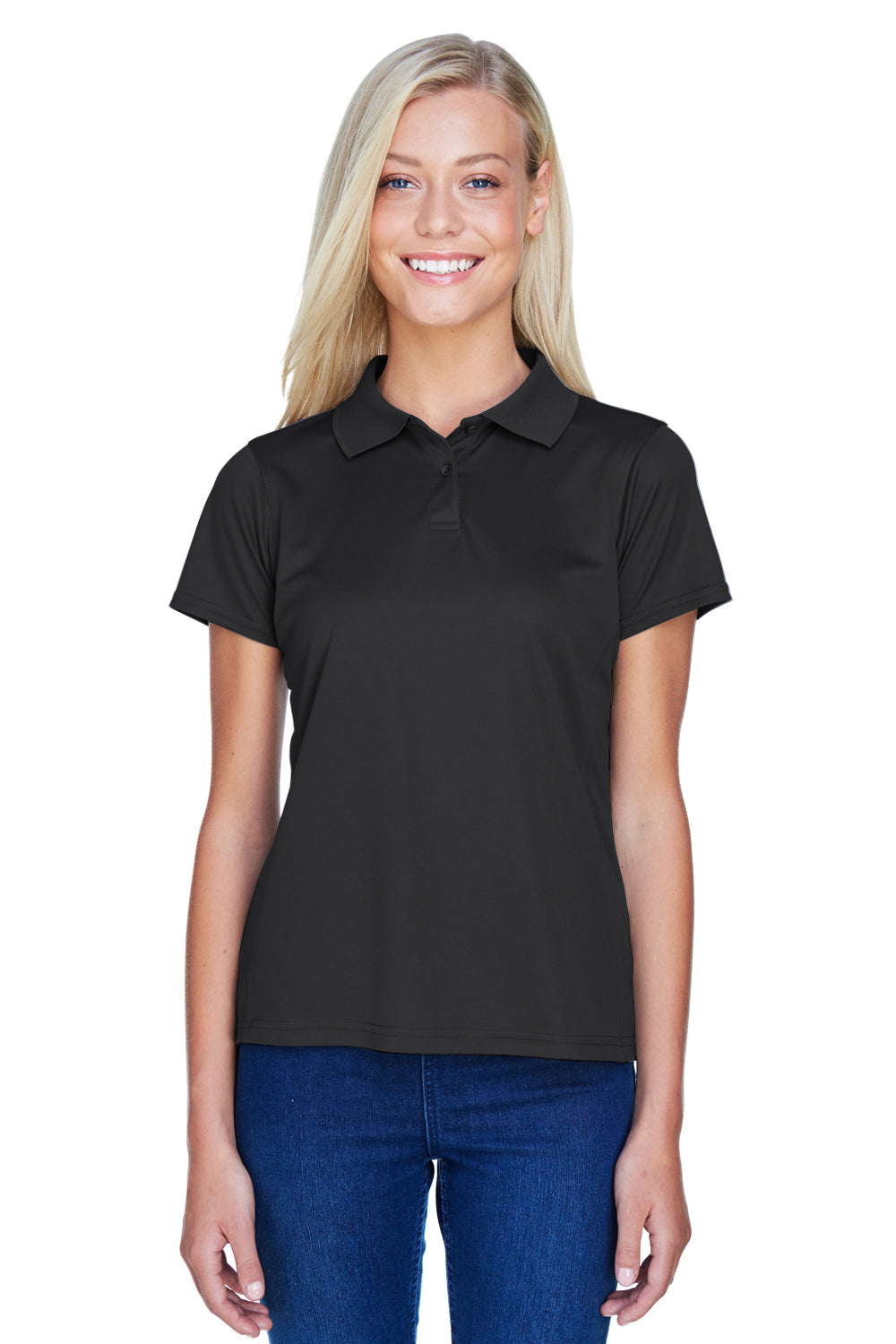 Harriton M315W Womens Polytech Moisture Wicking Short Sleeve Polo Shirt Black Front