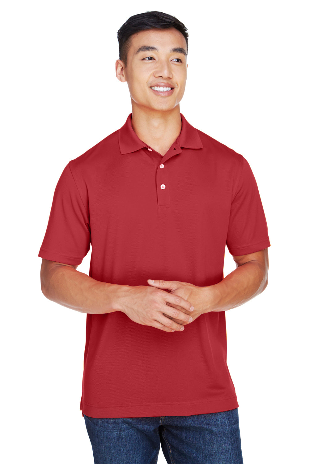 Harriton M353 Mens Double Mesh Moisture Wicking Short Sleeve Polo Shirt Red Front