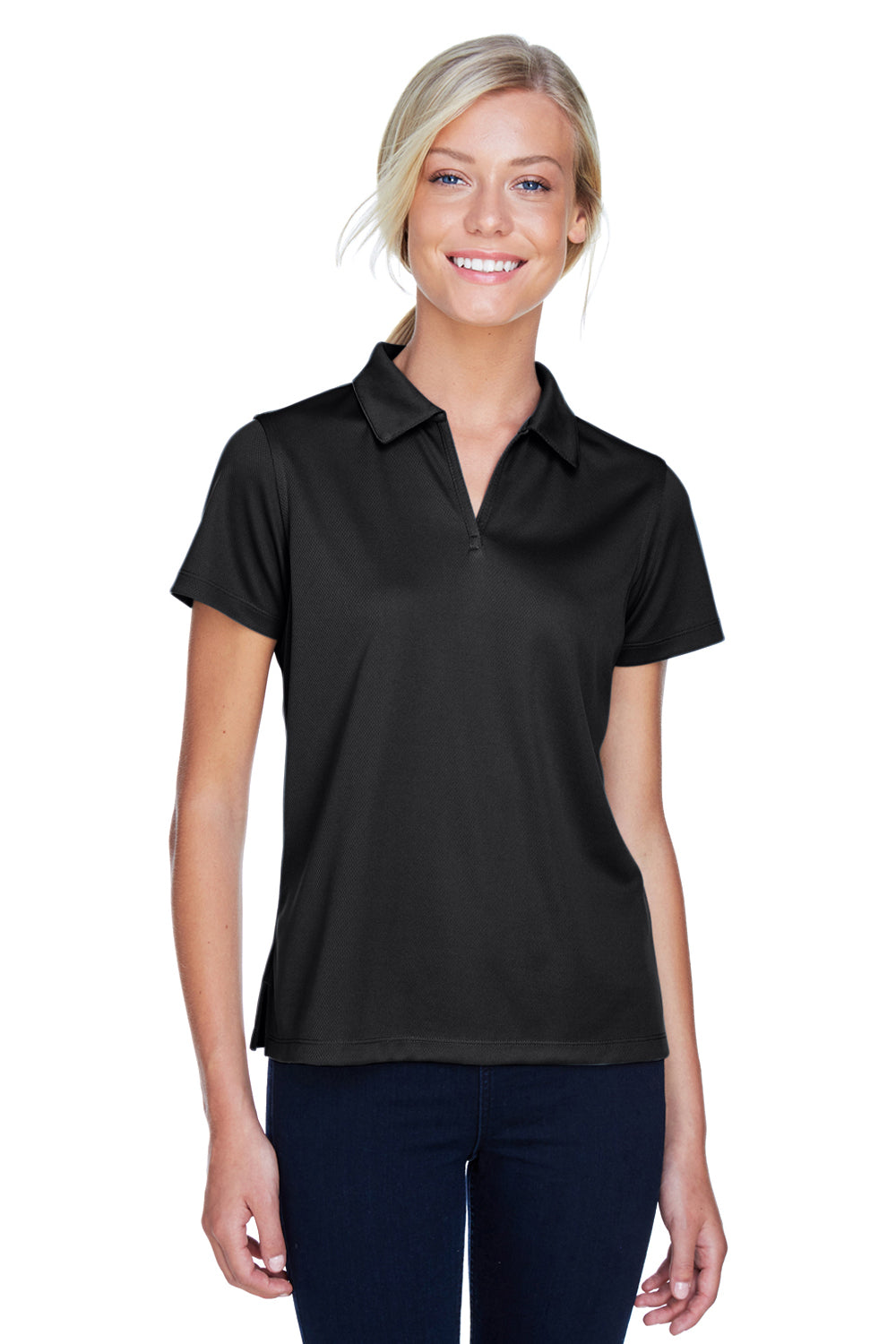 Harriton M353W Womens Double Mesh Moisture Wicking Short Sleeve Polo Shirt Black Front