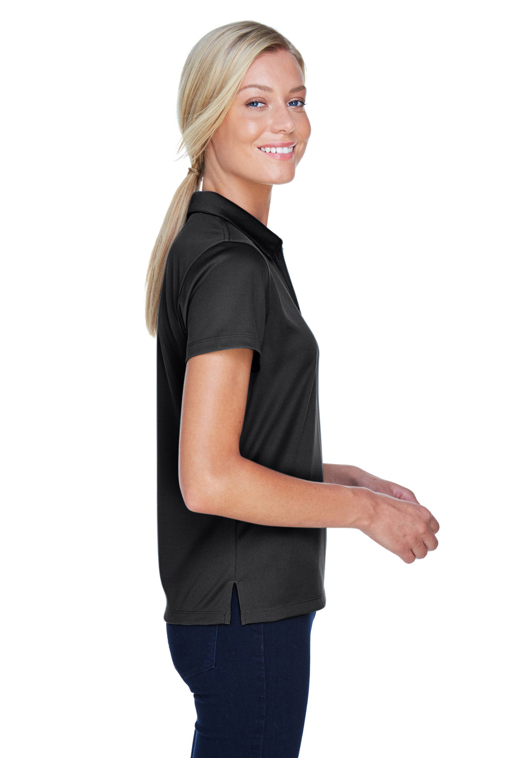 Harriton M353W Womens Double Mesh Moisture Wicking Short Sleeve Polo Shirt Black Side