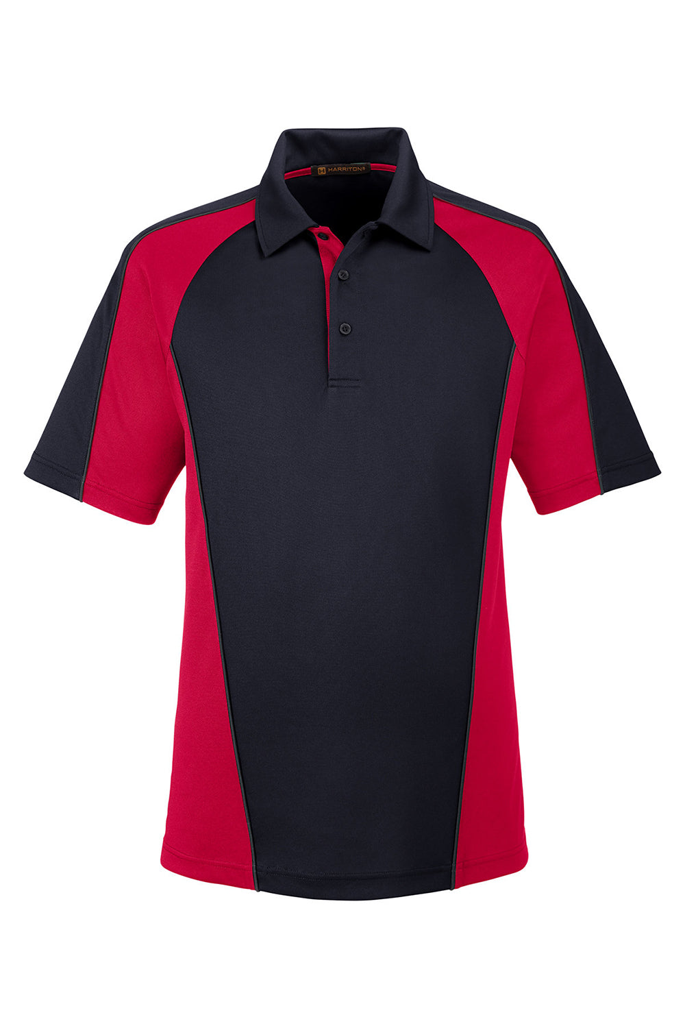 Harriton M385 Mens Advantage Performance Moisture Wicking Colorblock Short Sleeve Polo Shirt Black/Red Flat Front