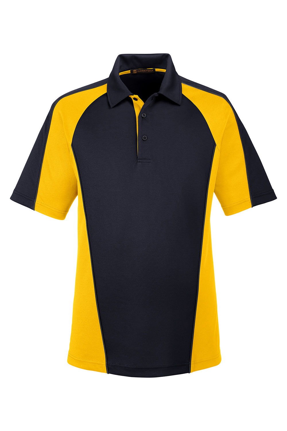 Harriton M385 Mens Advantage Performance Moisture Wicking Colorblock Short Sleeve Polo Shirt Black/Sunray Yellow Flat Front