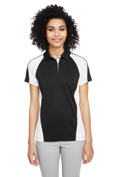 Harriton M385W Womens Advantage Performance Moisture Wicking Colorblock Short Sleeve Polo Shirt Black/White Front