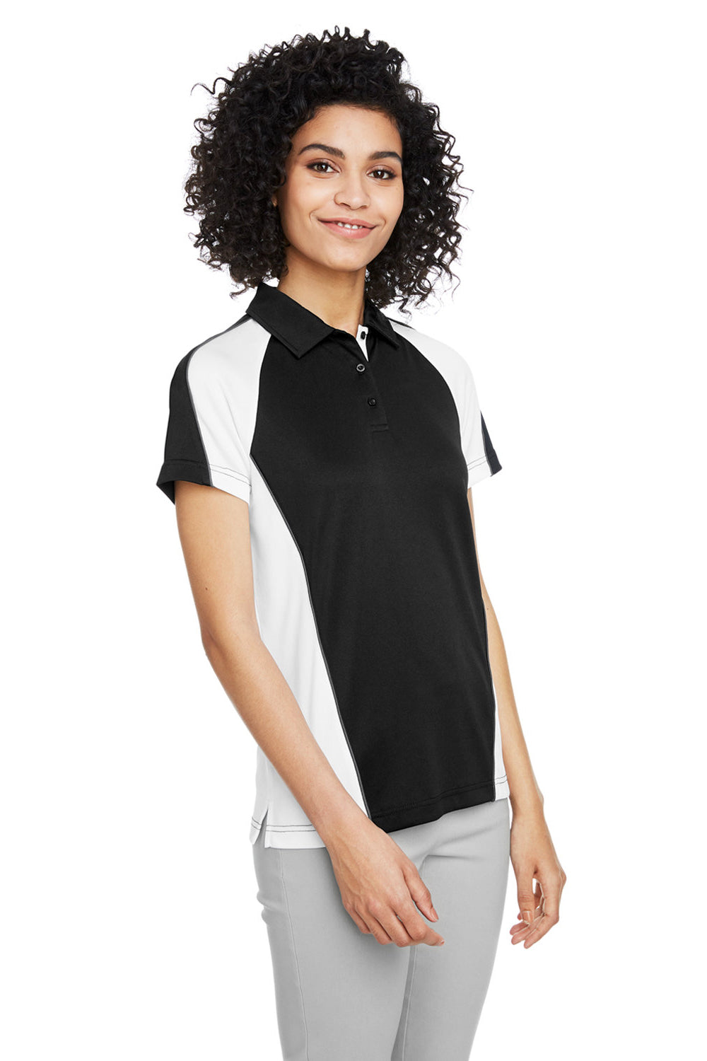 Harriton M385W Womens Advantage Performance Moisture Wicking Colorblock Short Sleeve Polo Shirt Black/White 3Q