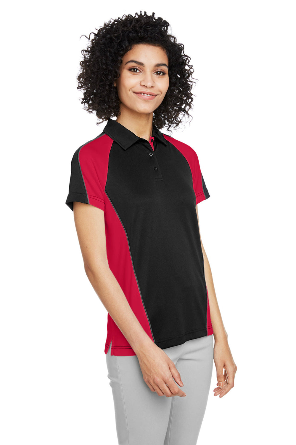 Harriton M385W Womens Advantage Performance Moisture Wicking Colorblock Short Sleeve Polo Shirt Black/Red 3Q