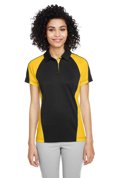 Harriton M385W Womens Advantage Performance Moisture Wicking Colorblock Short Sleeve Polo Shirt Black/Sunray Yellow Front