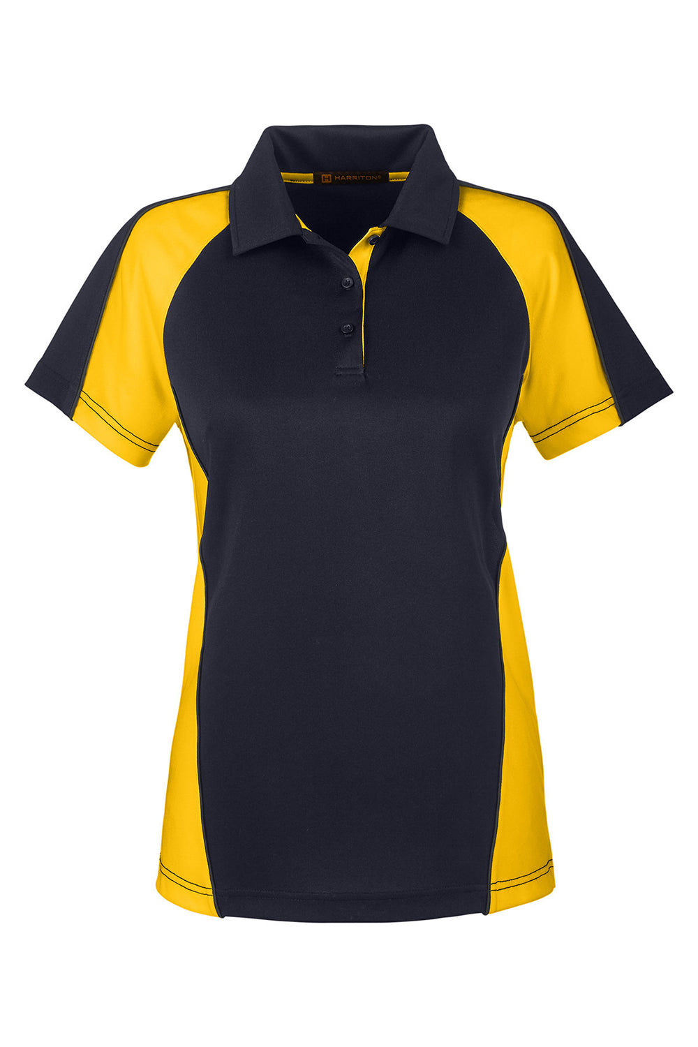 Harriton M385W Womens Advantage Performance Moisture Wicking Colorblock Short Sleeve Polo Shirt Black/Sunray Yellow Flat Front