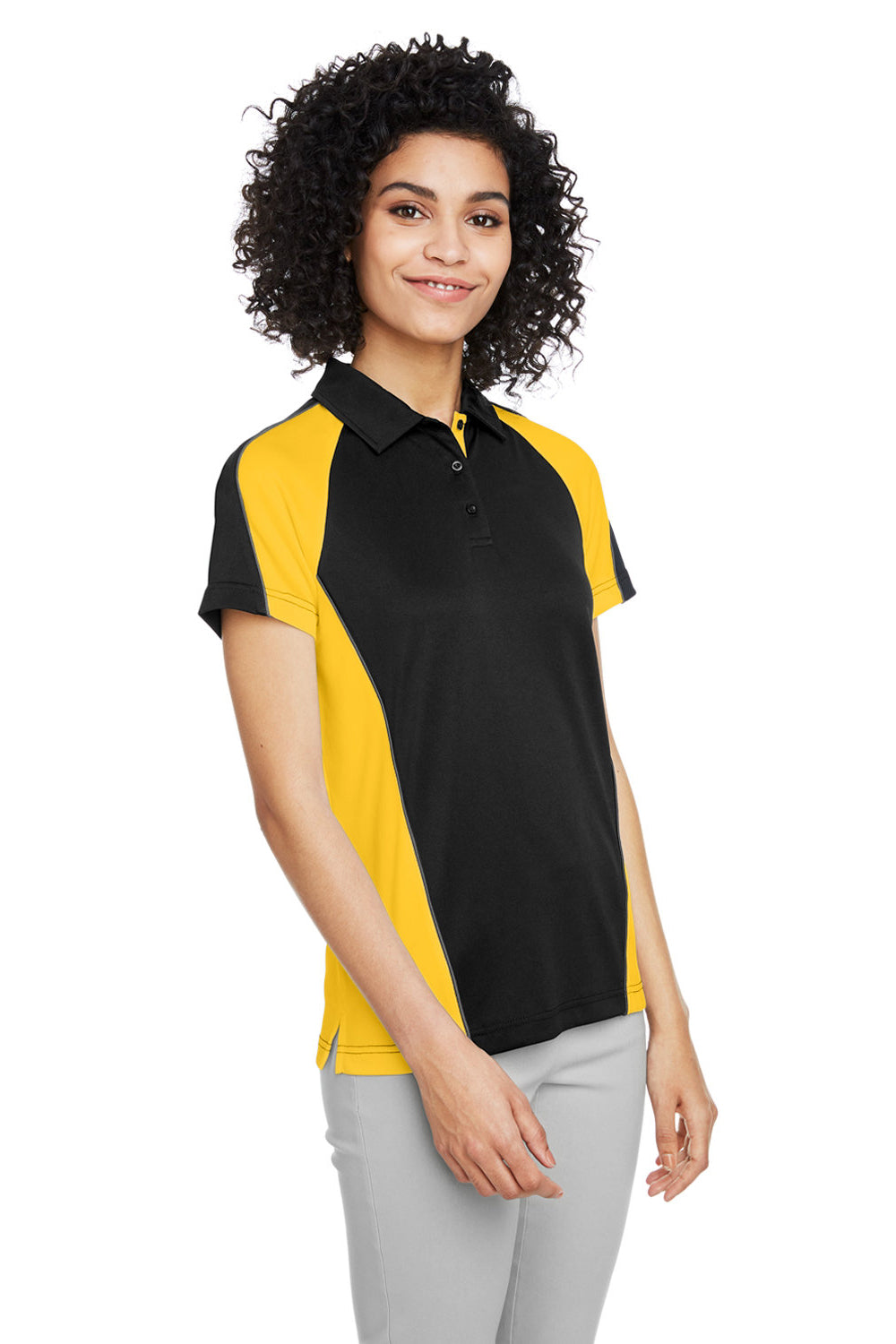 Harriton M385W Womens Advantage Performance Moisture Wicking Colorblock Short Sleeve Polo Shirt Black/Sunray Yellow 3Q