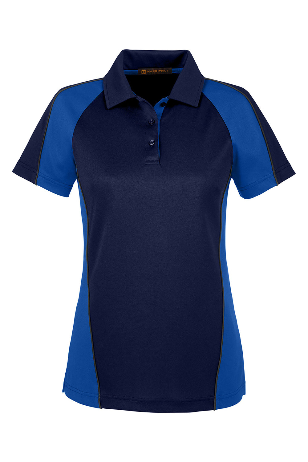 Harriton M385W Womens Advantage Performance Moisture Wicking Colorblock Short Sleeve Polo Shirt Dark Navy Blue/Royal Blue Flat Front