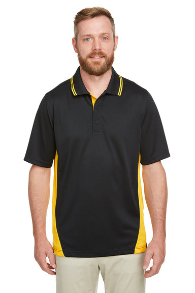 Harriton M386/M386T Mens Flash Performance Moisture Wicking Colorblock Short Sleeve Polo Shirt Black/Sunray Yellow Front