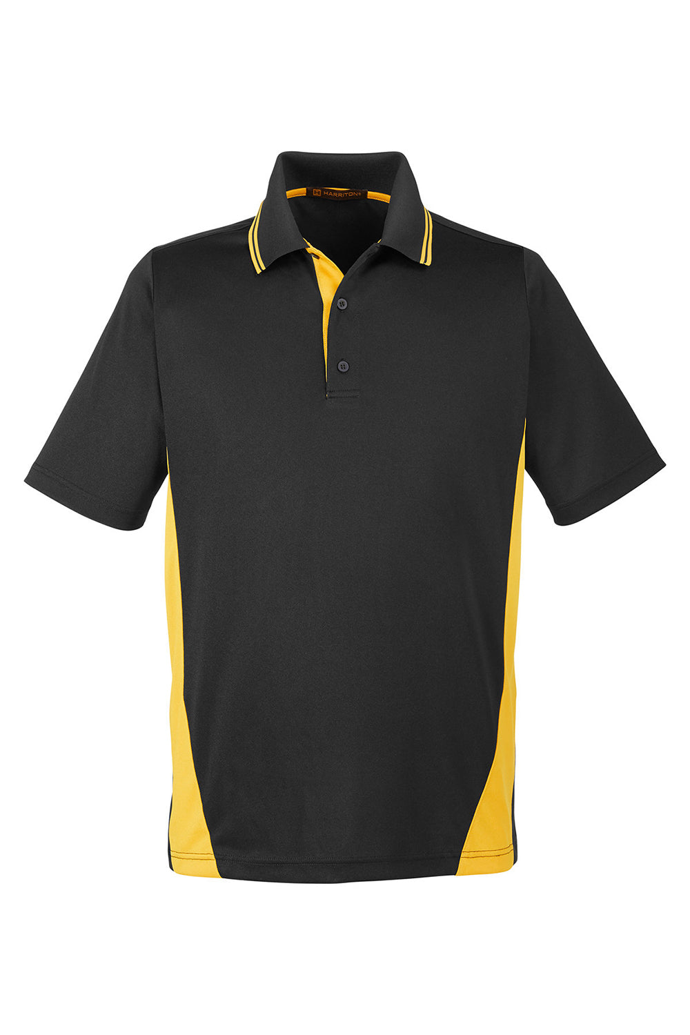 Harriton M386/M386T Mens Flash Performance Moisture Wicking Colorblock Short Sleeve Polo Shirt Black/Sunray Yellow Flat Front