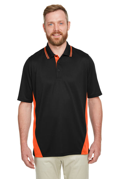 Harriton M386/M386T Mens Flash Performance Moisture Wicking Colorblock Short Sleeve Polo Shirt Black/Team Orange Front