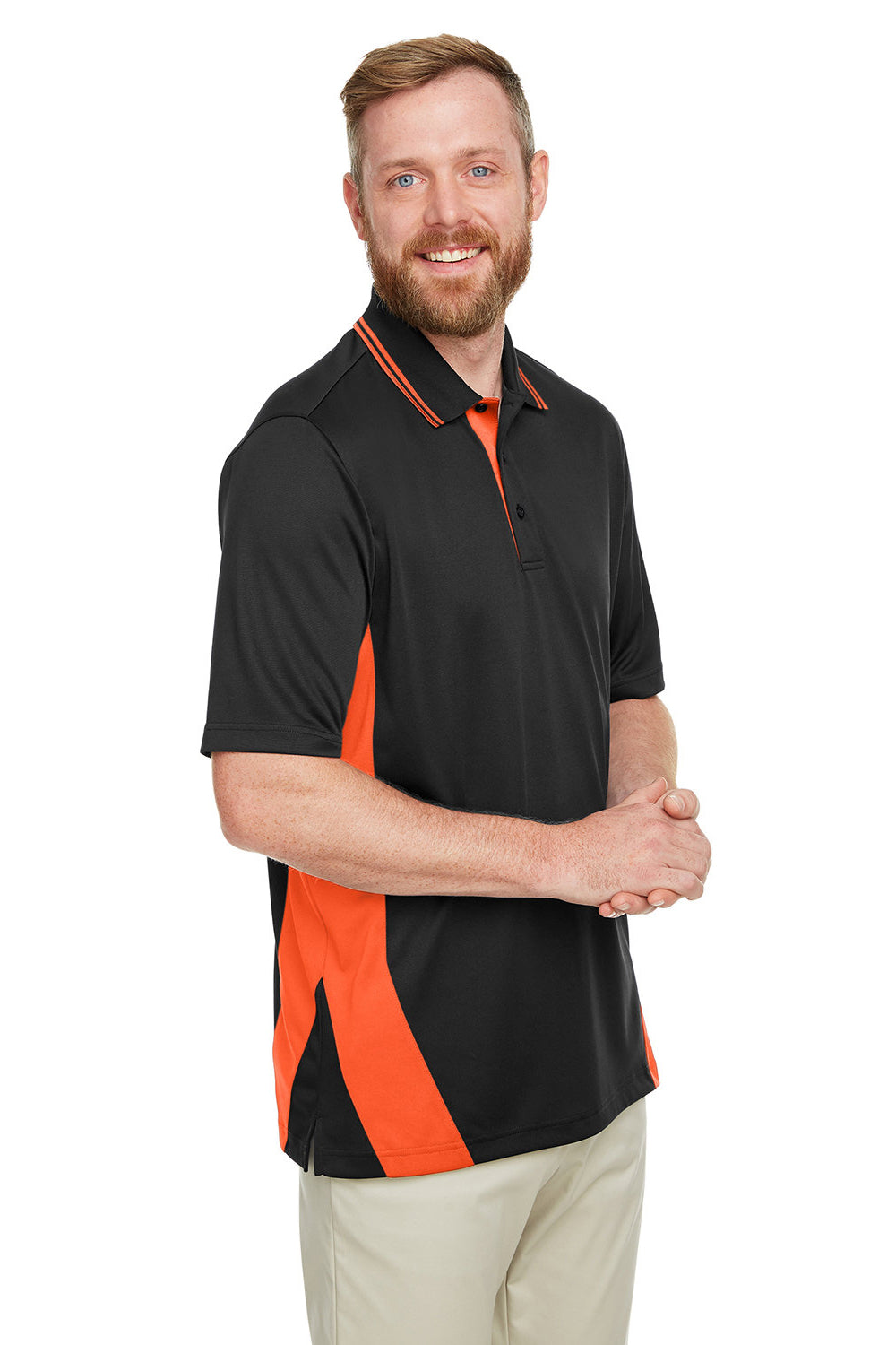 Harriton M386/M386T Mens Flash Performance Moisture Wicking Colorblock Short Sleeve Polo Shirt Black/Team Orange 3Q