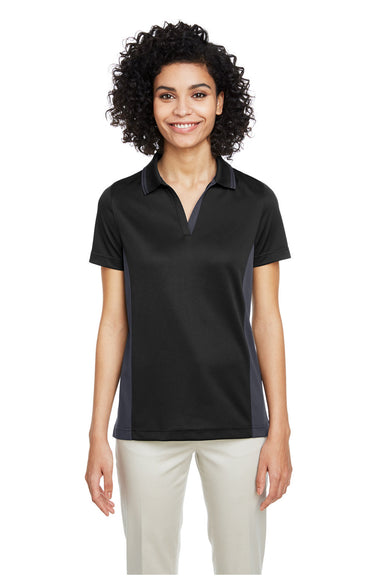 Harriton M386W Womens Flash Performance Moisture Wicking Colorblock Short Sleeve Polo Shirt Black/Dark Charcoal Grey Front