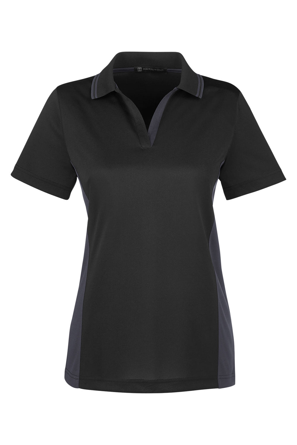 Harriton M386W Womens Flash Performance Moisture Wicking Colorblock Short Sleeve Polo Shirt Black/Dark Charcoal Grey Flat Front