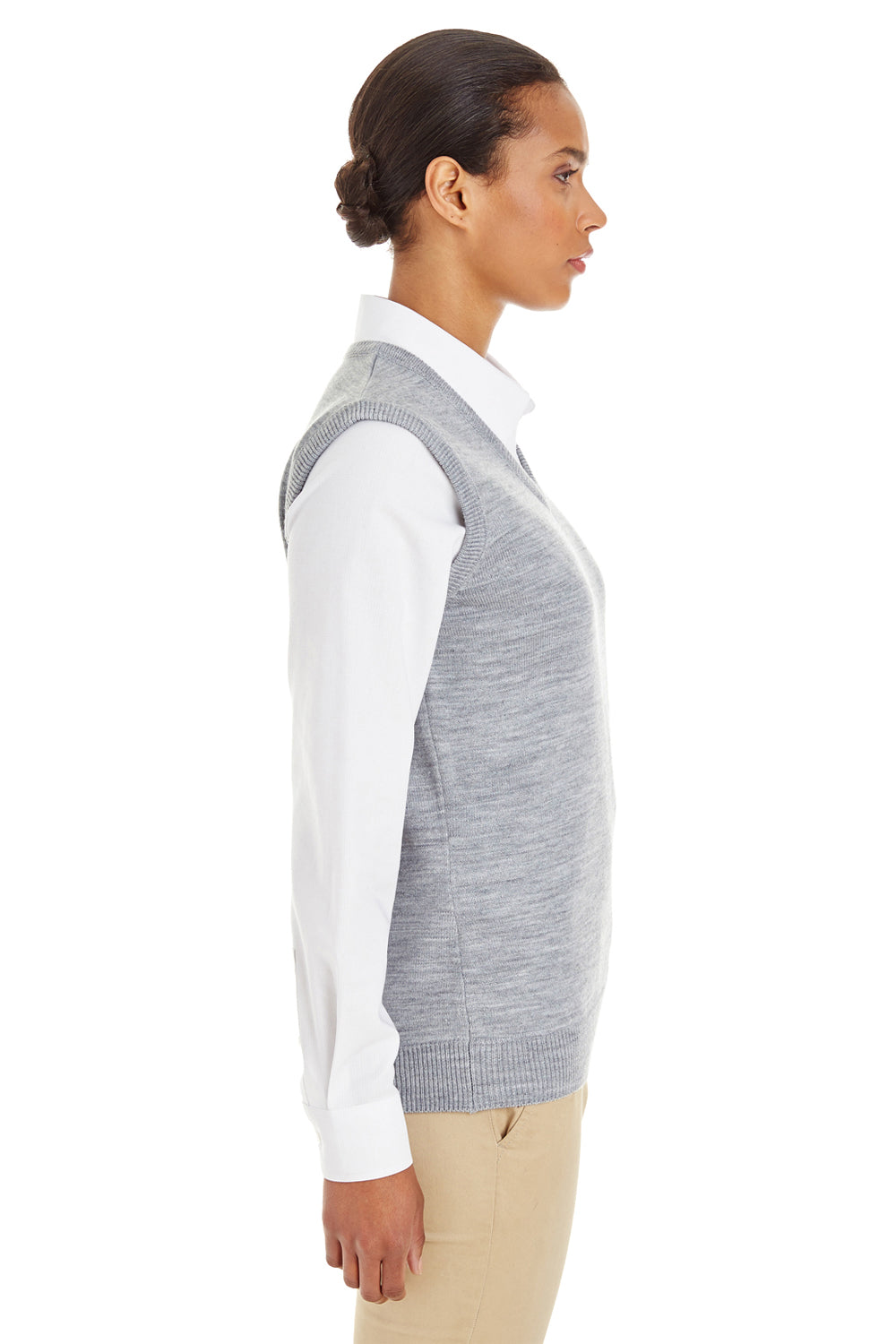 Harriton M415W Womens Pilbloc V-Neck Sweater Vest Heather Grey Side