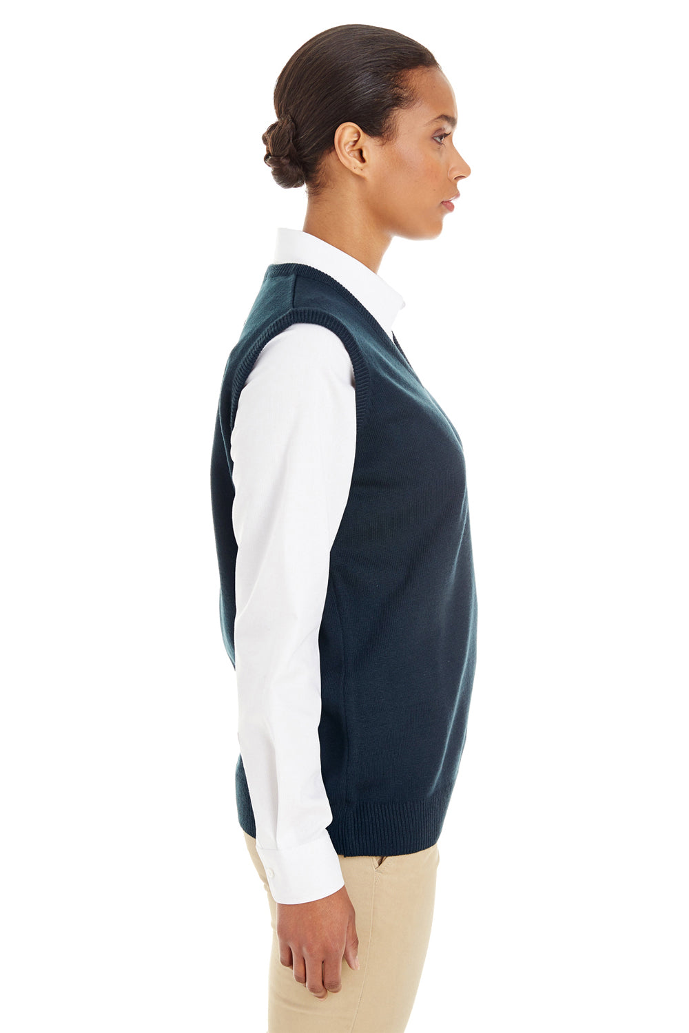 Harriton M415W Womens Dark Navy Blue Pilbloc Pill Resistant V-Neck Sweater  Vest —