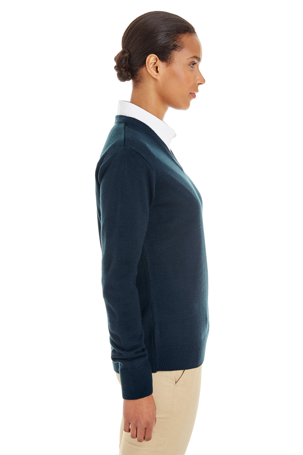 Harriton M420W Womens Pilblock V-Neck Long Sleeve Sweater Navy Blue Side