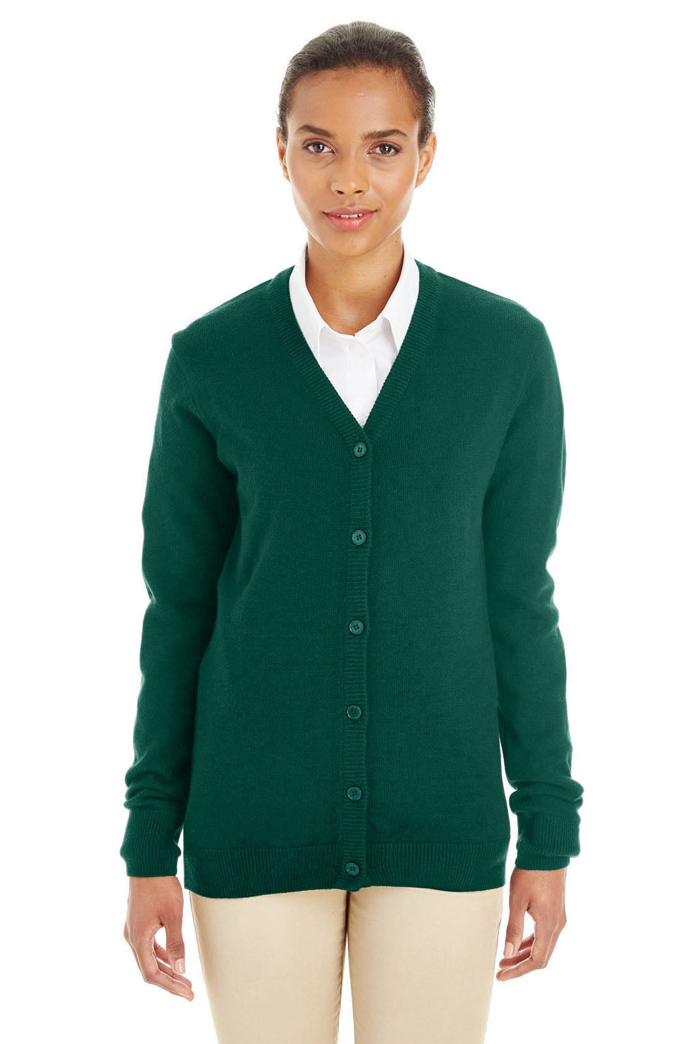 Harriton M425W Womens Pilbloc Button Down Lone Sleeve Cardigan Sweater Hunter Green Front