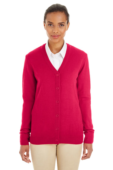 Harriton M425W Womens Pilbloc Button Down Lone Sleeve Cardigan Sweater Red Front