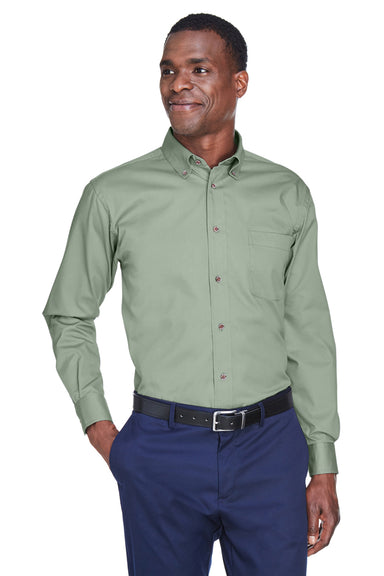 Harriton M500 Mens Wrinkle Resistant Long Sleeve Button Down Shirt w/ Pocket Dill Green Front