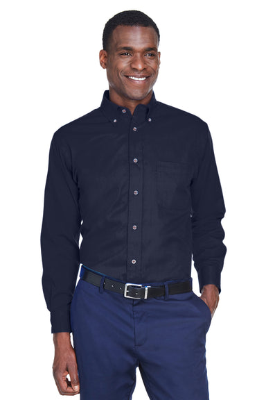 Harriton M500 Mens Wrinkle Resistant Long Sleeve Button Down Shirt w/ Pocket Navy Blue Front
