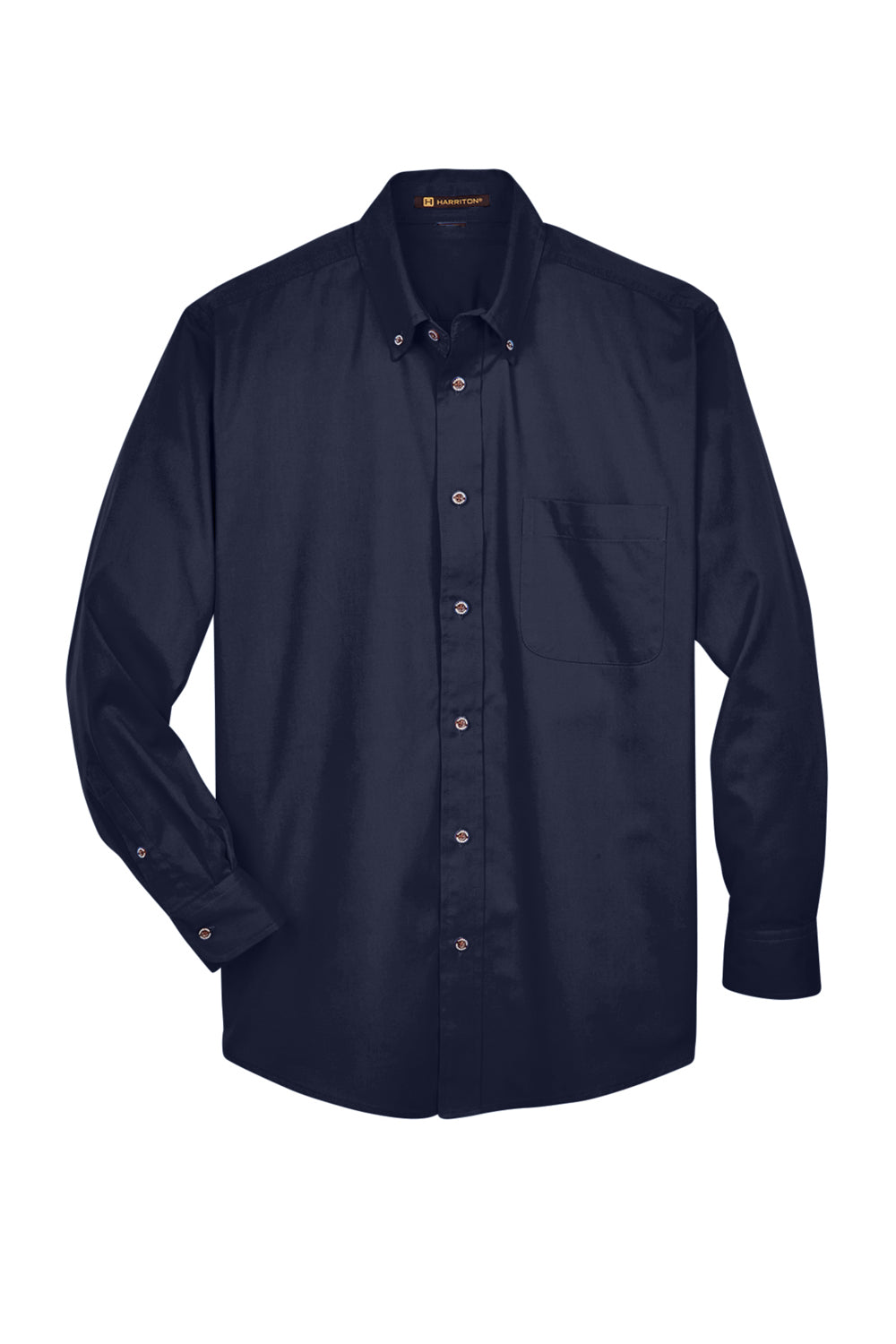 Harriton M500/M500T Wrinkle Resistant Long Sleeve Button Down Shirt w/ Pocket Navy Blue Flat Front