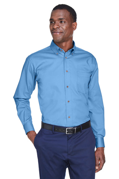 Harriton M500 Mens Wrinkle Resistant Long Sleeve Button Down Shirt w/ Pocket Light College Blue Front