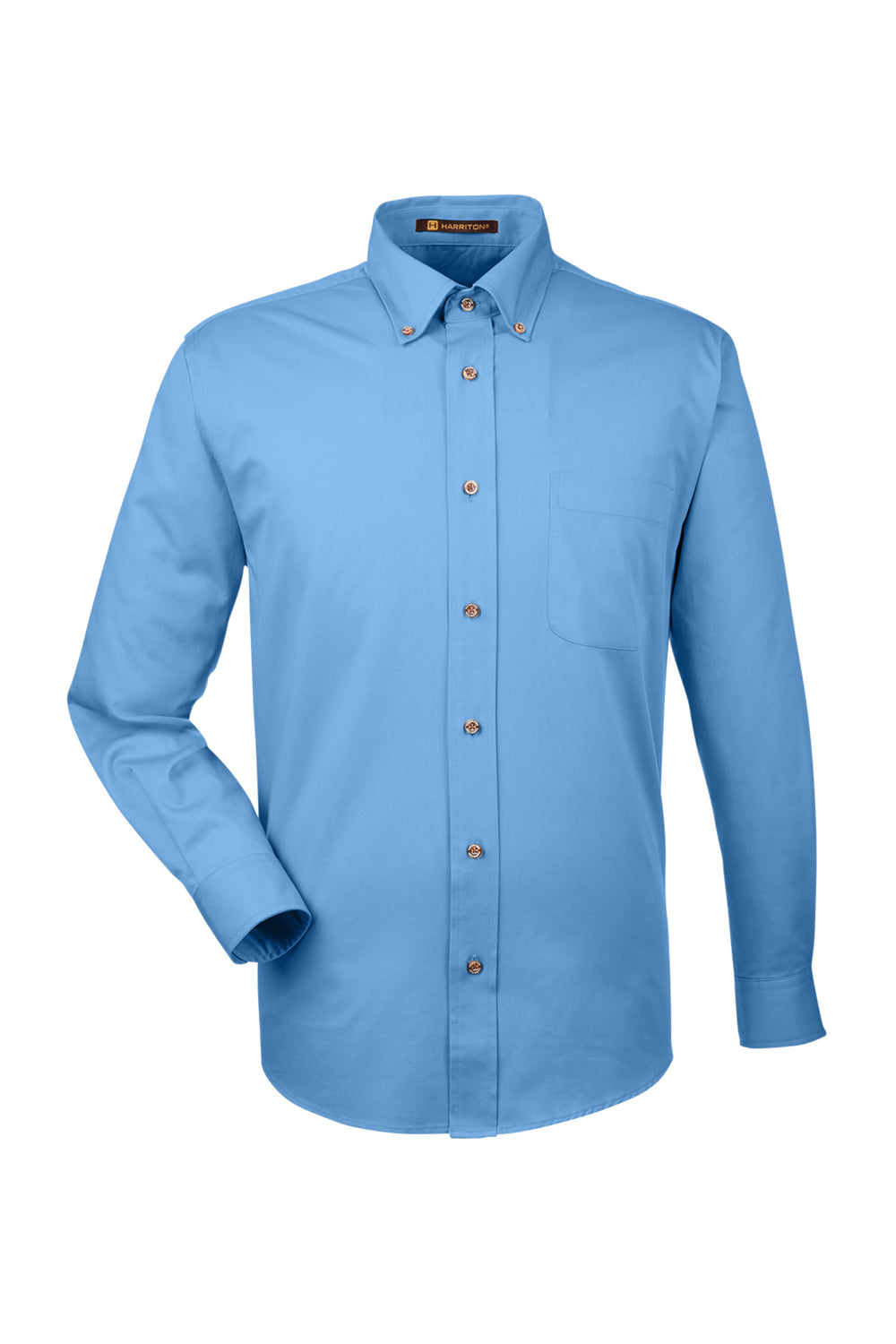Harriton M500/M500T Wrinkle Resistant Long Sleeve Button Down Shirt w/ Pocket Light College Blue Flat Front