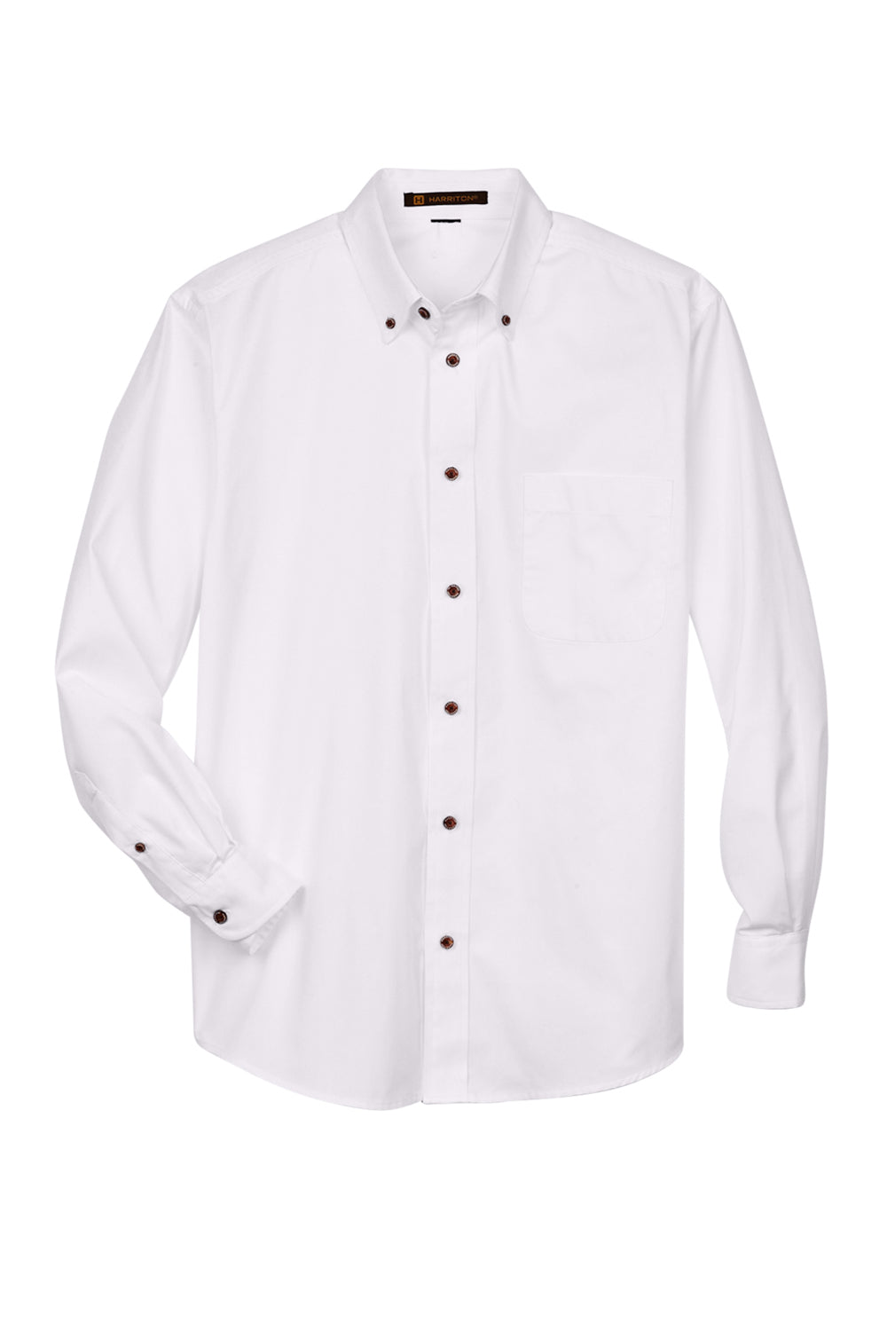 Harriton M500/M500T Wrinkle Resistant Long Sleeve Button Down Shirt w/ Pocket White Flat Front